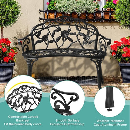 VINGLI 38.5" Patio Park Garden Outdoor Metal Rose Bench, 2-Person Cast Iron Cast Aluminium Frame Antique Finish Chair,Accented Lawn Front Porch Path Yard Decor Deck Furniture (Black, Rose)