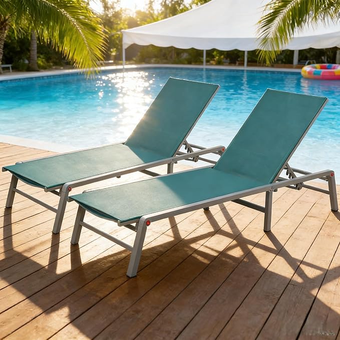 Kozyard 2-Pack Outdoor Lounge Chairs, Foldable Aluminum Frame Patio Chaise Lounge with 5-Position Adjustable Backrest, No Assembly, Breathable Textilene Fabric for Poolside Beach (MintGreen, Notable)