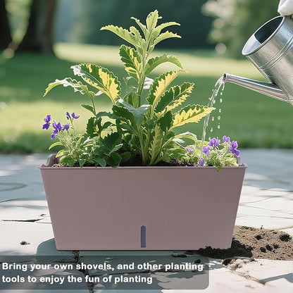 Window Box Planter 6 Pcs, 16.5 Inches Self Watering Rectangle Flower Plant Pots with Drainage Holes Trays, Vegetable Planters for Windowsill Patio Garden Balcony Porch Yard (Khaki)