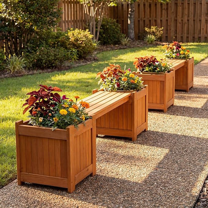 Giantex 2-in-1 Outdoor Bench with 2 Raised Garden Beds, Wood with Teak Oil Finish, Garden Bench Seat with Planter Boxes for Porch Balcony Lawn Yard, DIY Assembly, 42"x11"x11.5"