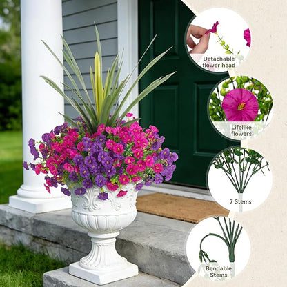 Artificial Flowers for Outdoors Fake Plants Outside, 12 Bundles Silk Morning Glory with Eucalyptus + Orchid Leaf UV Resistant Realistic Faux Flowers for Porch Planter Garden Patio (Purple Fuchsia)