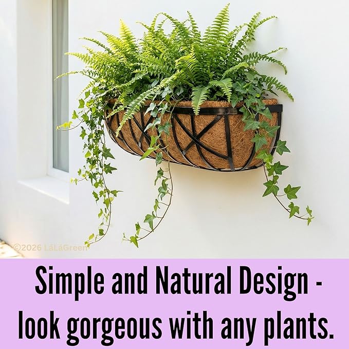 LaLaGreen 30 Inch, 2 Pack Window Boxes Planters – Black Metal Window Boxes for Outdoor Plant, Wall Mount Flower Pot with Coco Coir Liner, Attach to House Fence Balcony Herb for Patio Porch Garden
