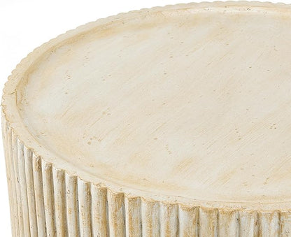 Christopher Knight Home Yunara 17" H Lightweight Concrete End Table with Stunning Fluted Design, Indoor Outdoor Accent Side Table, Travertine Effect Round Coffee Table, No Assembly, Natural