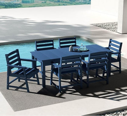 5-Piece Navy Blue Outdoor Dining Set with White 11FT Large Patio Umbrella, 75.2'' HDPE Table & Chairs for 8, Weather-Resistant Furniture with Umbrella Hole for Patio, Lawn, Poolside