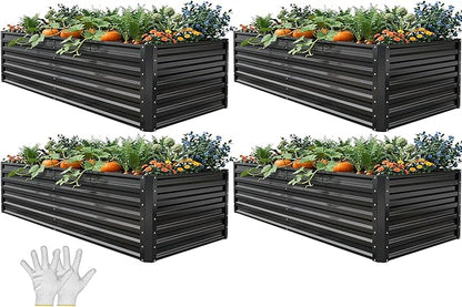 YITAHOME 6x3x2 ft 4pcs Galvanized Raised Garden Bed Kit, Large Metal Planter Box with Gloves & Support Rod, Outdoor Flower Bed for Plants Vegetables, Black