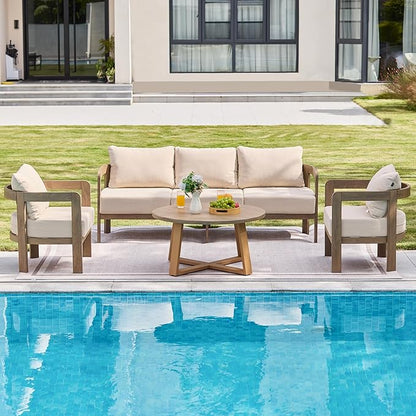 Indoor Round Coffee Table with 35.5” Woodgrain Finish Table Top, Outdoor Metal Modern Side Table 125lbs for Backyard Porch Balcony Living Room, Brown