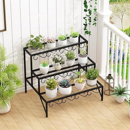 3 Tier Metal Plant Stand Outdoor Indoor, Heavy Duty Flower Pot Holder Display Shelf,Multifunctional storage rack for Patio Garden Livingroom Bedroom,Black