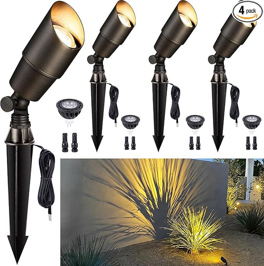 Gardenreet Brass Landscape Lighting - Outdoor Low Voltage Spotlights LED, 12V Wired Uplights, Waterproof Spot Lights, Antique Bronze for Outside Trees with 5W 2700K Warm White MR16 Bulb (4 Pack)
