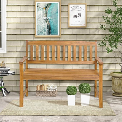 Tangkula Outdoor Acacia Wood Bench, 2-Person Garden Bench with Backrest and Armrests, Garden Bench with Slatted Seat for Porch, Park, Backyard, 800 Lbs Max Load, 43” L x 22” W x 34” H, Natural