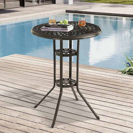 Patio Dining Table,Cast Aluminum Patio Tables with Umbrella Hole, Outdoor Bistro Table for Backyard, Garden, Patio (30" Round Table)