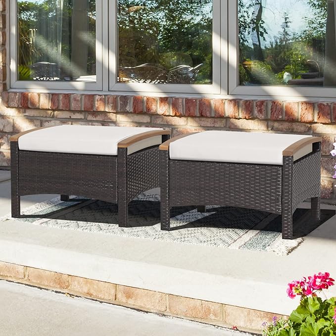 Tangkula 2 Piece Patio Rattan Ottomans, Outdoor Wicker Footstool w/Acacia Wood Handles, Soft Zippered Cushions, 3-in-1 Function Footstool Seat & Side Table for Backyard, Balcony, Poolside (Off White)