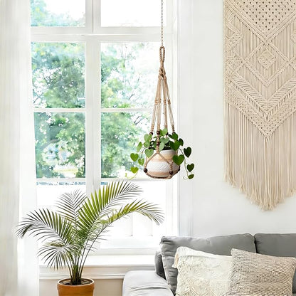 3 Pack Jute Macrame Plant Hanger Indoor 3 Different Sizes Hanging Planter Basket Flower Pot Holder with Wood Beads & No Tassels for Boho Home Decor, 23, 30, 35 Inch, Brown (Pot Not Included)