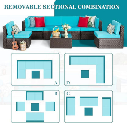 Vongrasig 7 Pieces Outdoor Patio Furniture Sets, Outdoor Sectional Rattan Sofa, PE Manual Weaving Wicker Patio Conversation Set with Cushion, Glass Table, Red Pillow (Blue)
