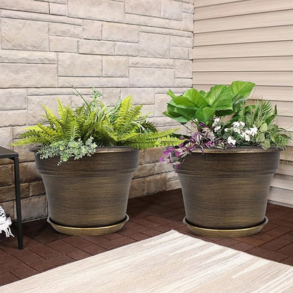 Plant Planters Pots Set of 6 Pack 6 Inch, Plastic Flower Pot For Indoor Plants With Drainage Holes & Trays, Resin Decorative Container Sets With Saucer For House Outdoor Garden Planters Dark Gold