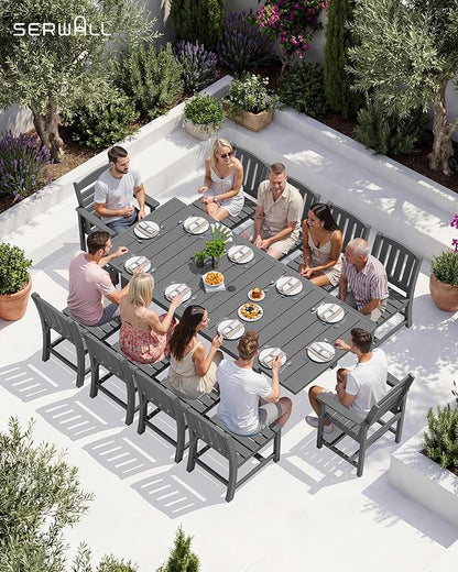 SERWALL 11-Piece Outdoor Dining Set, 60" - 83" Expandable Outdoor Dining Table and 10 HDPE Chairs, All Weather HDPE Outdoor Furniture Set for Backyard, Garden, Grey