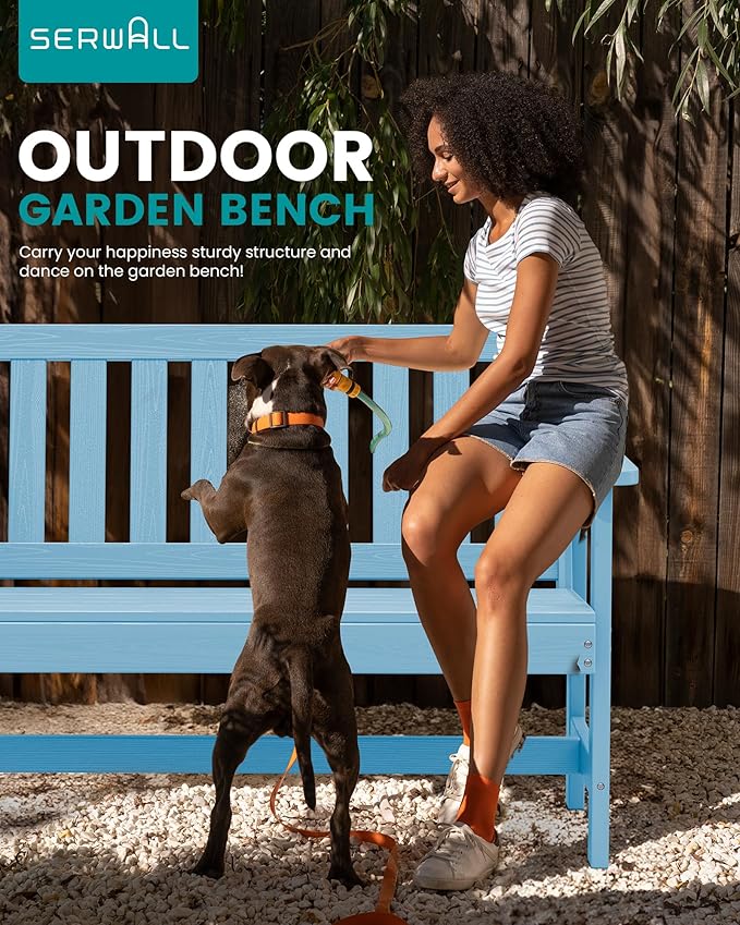 SERWALL Outdoor Bench, HDPE Outdoor Benches Weatherproof, 2-Person Garden Bench with 660 lbs Weight Capacity, Patio Benches for Outdoors, Garden, Porch, Backyard and Park, Light Blue, 6 Pack