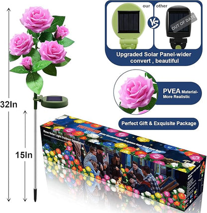 Solar Flower Lights Outdoor - Upgraded New Material Two Modes Realistic LED Solar Powered Waterproof Lights with 5 Roses, Solar Decorative Stake Lights for Garden (Pink, 1 Pack)