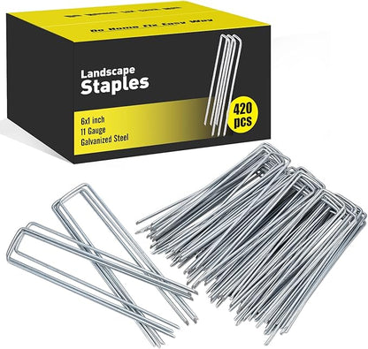 HongWay 420pcs 6 Inch Landscape Staples Galvanized Garden Stakes, 11 Gauge U-Shaped Sod Pins Yard Ground Staples for Landscaping Fabric Tent Lawn Truf Fence Irrigation Tube
