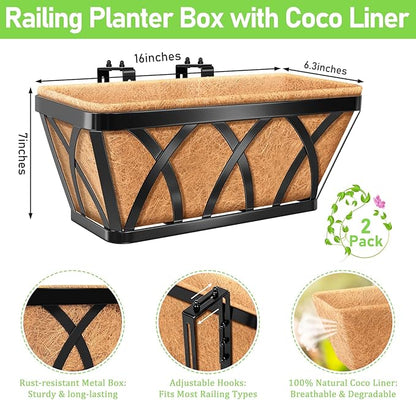 Riare 2 Pack 16 Inch Metal Railing Planter Window Box with Coco Liner- Adjustable Window Flower Boxes for Railings, Hanging Rail Planters for Deck, Balcony, Porch, Fence, Indoor Outdoor Plants