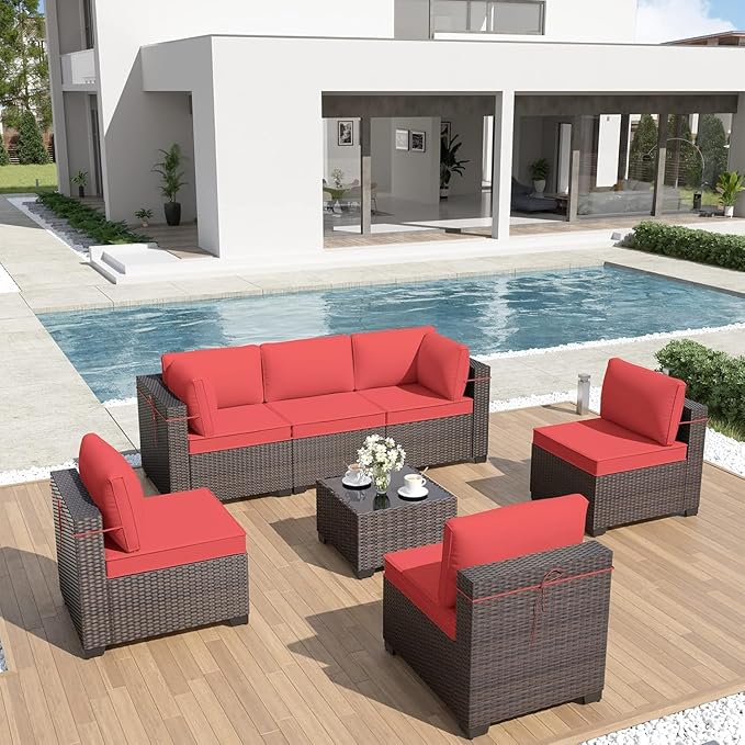 ALAULM Patio Furniture Set with Coffee Table, 7 Pieces Outdoor Sectional with Wide Seat and Thick Cushion, All Weather Wicker Rattan Conversation Set for Backyard, Garden, Deck, Red