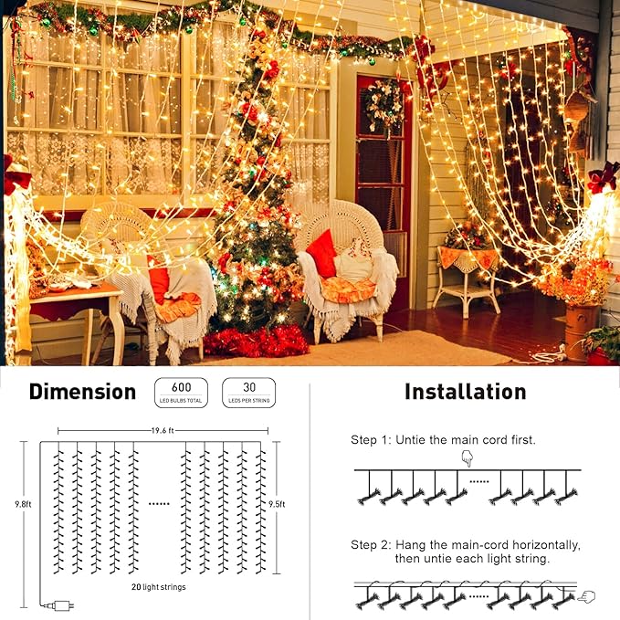 Curtain String Lights, 600 LED Warm White, 19.6 ft with Remote