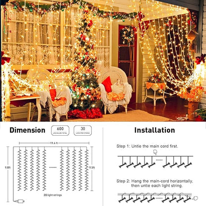 Curtain String Lights, 600 LED Warm White, 19.6 ft with Remote