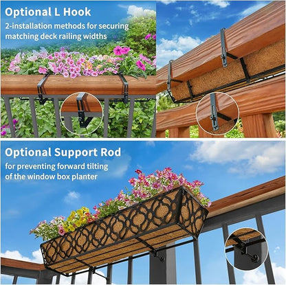 Y&M 30 inch Window Planter Box 2Pcs Iron Window Deck Railing Planter with Coco Liner, Metal Horse Troughs Fence Planter for Outdoor Balcony Rail Fence Porch Patio