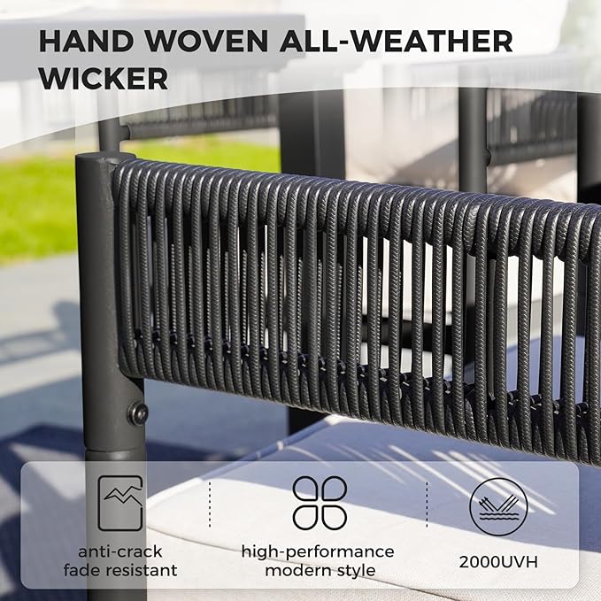 Grand patio 5-Piece Outdoor Dining Set for 4, Metal Woven Wicker Swivel Patio Chairs with Thickened Cushions & 1 Square Woodgrain Dining Table with Umbrella Hole for Backyard Deck (Black)