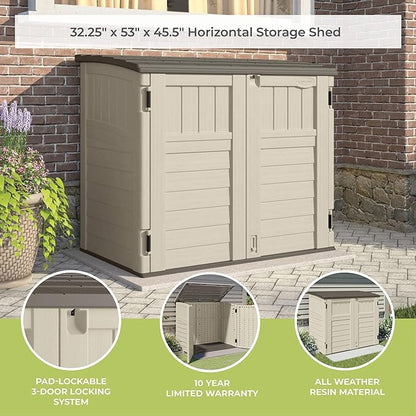 Suncast 34 Cu Ft Horizontal Resin Plastic Storage Shed - Outdoor Storage Shed with Floor Included, Lockable, Weatherproof, Fits Small to Medium Trash Cans, Generators, & Garden Tools, Vanilla Stoney