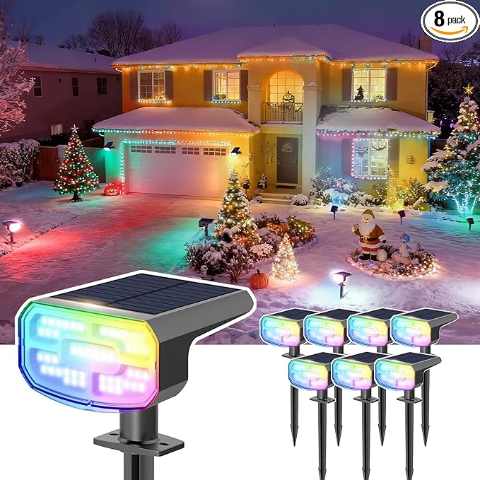 Color Changing Solar Spot Lights Outdoor Waterproof IP65,9 Lighting Modes Multicolor RGB Christmas Spotlight for Porches Yard Gardens Landscape Deconrations-8 Pack
