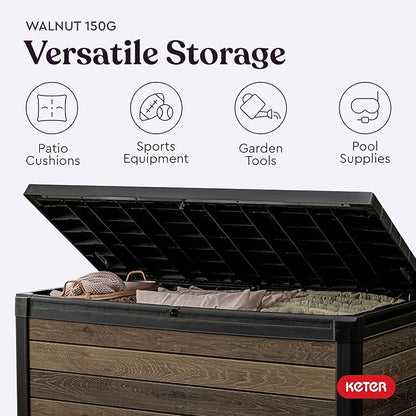Keter Signature Collection 150 Gallon Resin Deck Box Organization and Storage Box for Patio Outdoor Cushions, Throw Pillows, Garden Tools and Pool Supplies, Walnut