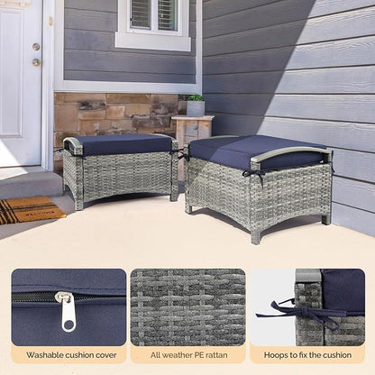 VINGLI Wicker Outdoor Ottoman Set of 2, All Weather PE Rattan Footstool for Patio w/Removable Cushions, Waterproof Rattan Foot Rest for Garden, Balcony, Poolside (Grey)