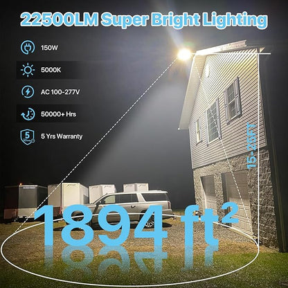 LED Parking Lot Light 150W - Motion Sensor Outdoor Lights UL Listed - 5000K 22500lm Led Flood Security Light with Photocell - Wall Mount Commercial Street Area Light for Yard Barn Garage - 100-277V