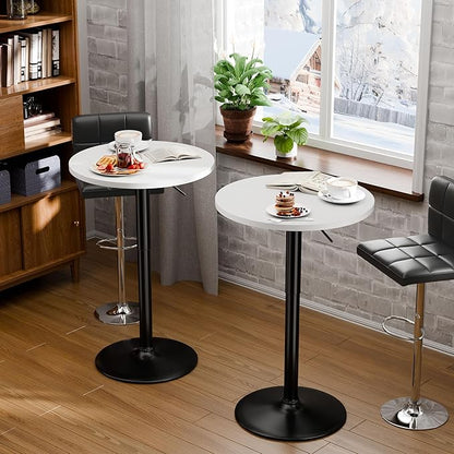 Flamaker Round Bistro Pub Table 23.6 Inch Height Adjustable 360° Swivel Bar Table Metal Base for Pub, Dining Room, Party (1, White-Black)