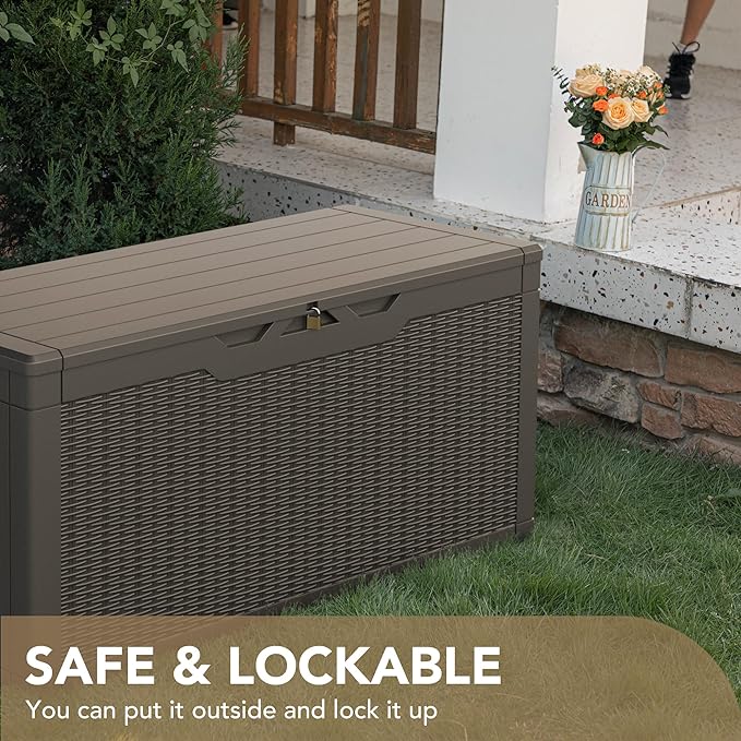 Deck Box, 100 Gallon Resin Lockable Light Brown