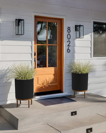 Veradek Demi Series Round Planter w/Stand for Porch/Patio | Durable Plastic-Stone Composite & Wooden Stand | Modern Décor for Tall Plants, Flowers