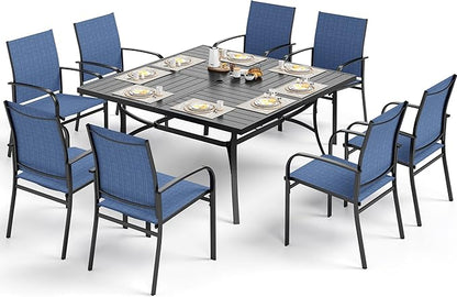 Patio Dining Set for 8, 60" x 60" Square Metal Table with Umbrella Hole, 8 x Stable Dining Chairs, Outdoor Table and Chairs Set for Lawn Backyard and Deck, Blue