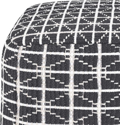 SIMPLIHOME Noreen Square Pouf - 18 inch Wide Upholstered Handwoven Cotton Ottoman in Slate Grey and White, Boho Footstool or Extra Seating for Living Room with Polystyrene Filling, Assembled