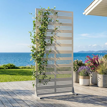 Casaphoria Metal Privacy Screen Outdoor, 72" H x 35" W Freestanding Decorative Privacy Screen for Patio Deck Balcony Garden with Stable Base, Grey-Benjamin