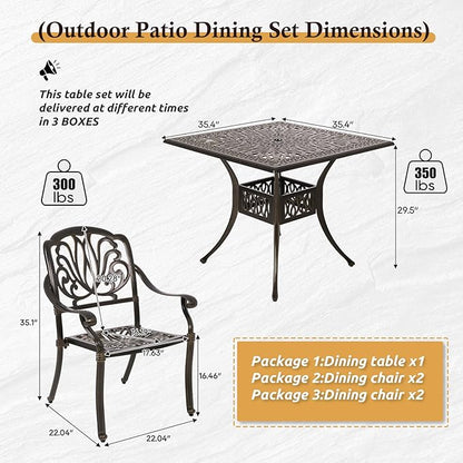 Cast Aluminum Outdoor Patio Dining Set, All Weather Outdoor Furniture Dining Set for Patio, Balcony, Lawn, Garden, Backyard (1 Square Table+ 4 Dining Chairs)