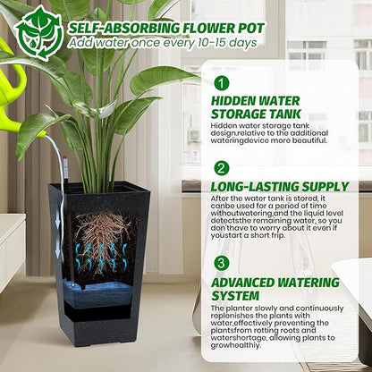 Garvee 16" Tall Planters Set of 2, Outdoor＆Indoor Black Planter Pots, High Front Porch Planter Pots with Drainage Holes＆Water Level Monitor＆Inner Bucket,Black