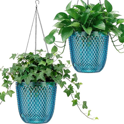 QCQHDU Self Watering Hanging Pots, 2 Pack 5.7 Inch Hanging Planters for Plants Indoor, Outdoor Flower Pots with Drainage Holes and 3 Hooks Chains for Garden Home (Klein Blue)