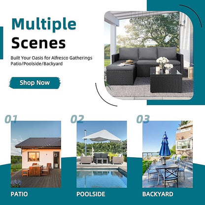 3-Piece Outdoor Patio Sectional Sofa Set with Glass Coffee Table & Ottoman — All-Weather PE Rattan Conversation Furniture, Black Rattan & Grey Cushions, Perfect for Garden, Backyard, Deck, Grey