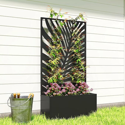 Outsunny Metal Raised Garden Bed with Trellis for Climbing Plants, Freestanding or Wall Mounted Flower Bed with Privacy Panel, Large Leaf Cut-Out Outdoor Planter Box for Garden, Patio, Balcony