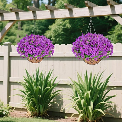 Artificial Hanging Flower for Outdoors, Fake Hanging Basket for Outside,1 Hanging Basket with 13 Pcs Faux Silk Flowers for Porch, Balcony and Patio Decor(Purple)