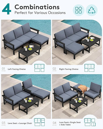 SERWALL Outdoor Sectional Sofa Set, 5-piece Outdoor Modula Couch Set with Ottoman, All Weather Patio Furniture Set with Chaise for Deck, Lawn, Black Frame with Gray Cushion