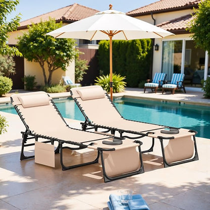 Devoko Beach Lounge Chair, Outdoor Sun Tanning Chair with Face Hole, Heavy Duty Folding Portable Lay Chaise Lounge Chairs for Outside Beach Pool Camping Patio, Beige