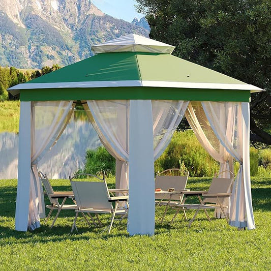 Garvee Pop Up Gazebo Screen Tent,Hexagonal Instant Gazebo Tent with Mosquito Netting Outdoor Canopy,6 Sided Sun Shelter 13x13ft with Mesh Netting,Pavilion Tents for Patio,Green+Beige
