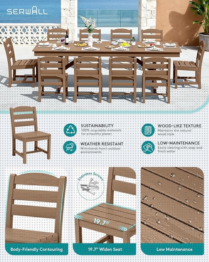 SERWALL 11 Piece Outdoor Dining Set, 84" HDPE Outdoor Large Dining Table and Chairs Set for 10，All Weather Patio Dining Furniture Set with Umbrella Hole for Backyard, Garden, Brown