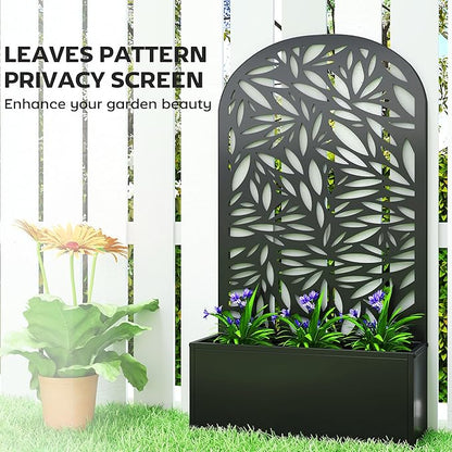 Outsunny Metal Raised Garden Bed with Trellis for Climbing Plants, Freestanding or Wall Mounted Flower Bed with Cueved Privacy Panel, Leaves Cut-Out Outdoor Planter Box for Garden, Patio, Balcony